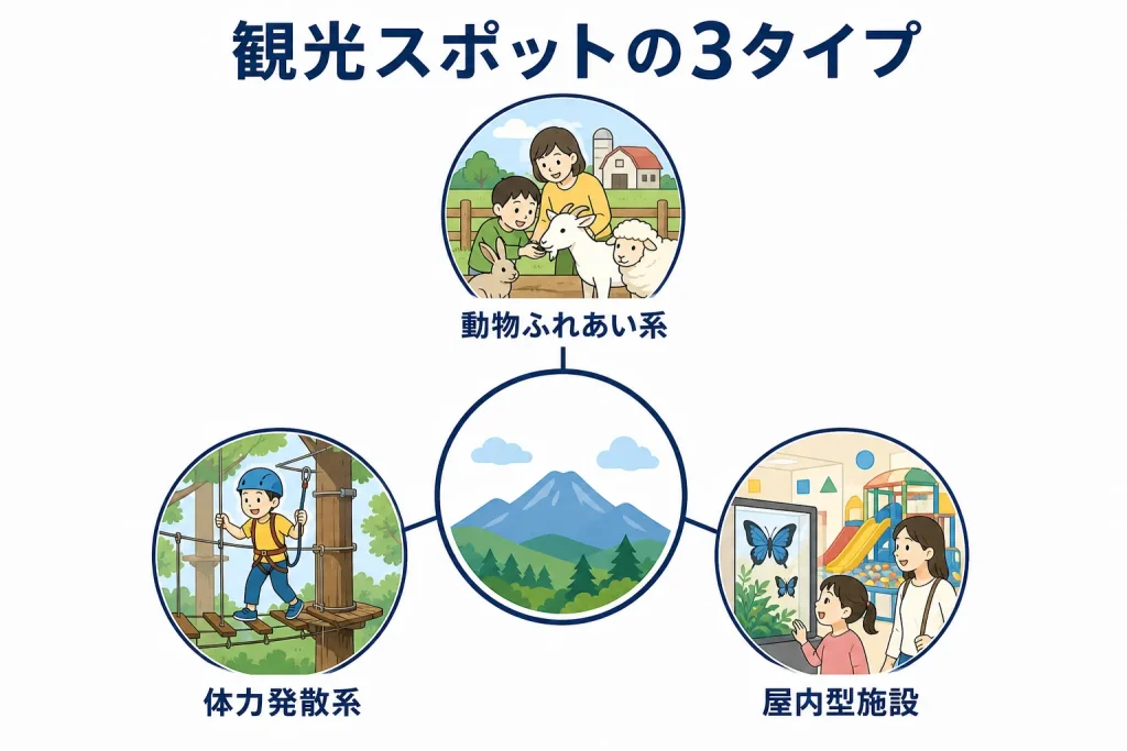那須の観光スポットを動物ふれあい系・体力発散系・屋内型の3タイプに分類した図