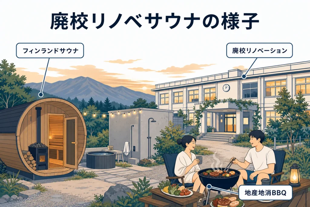 廃校をリノベーションしたフィンランドサウナ施設の外観と自然に囲まれた雰囲気