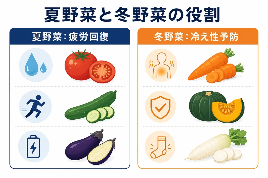 夏野菜は疲労回復、冬野菜は冷え性予防に役立つことを示す対比図
