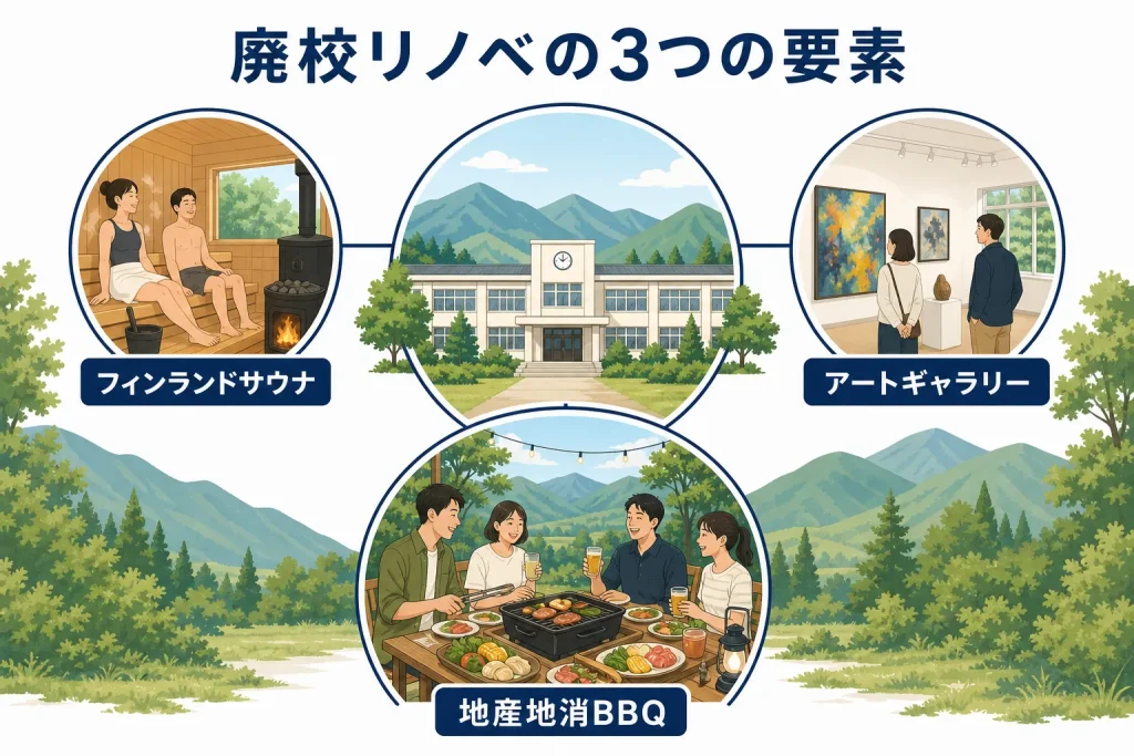 フィンランドサウナ・アートギャラリー・地産地消BBQの3要素が調和する様子を示す図