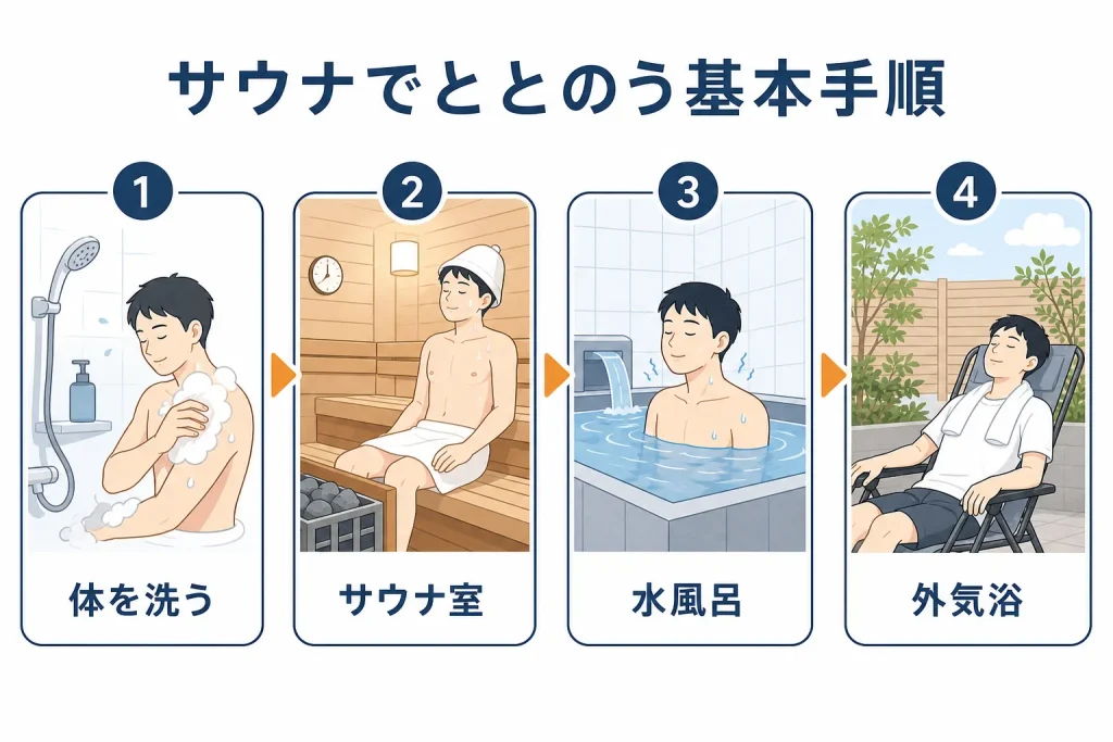 体を洗い、サウナ室、水風呂、外気浴の順で進む基本手順を示す図
