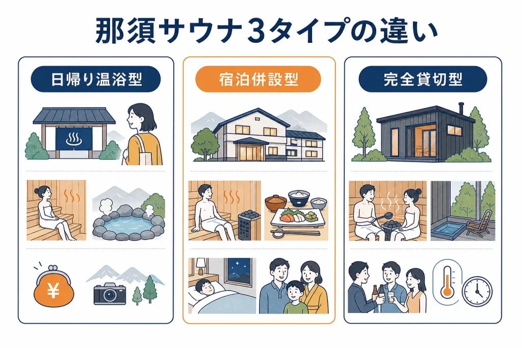 那須サウナの日帰り型・宿泊併設型・完全貸切型の違いを示す比較図