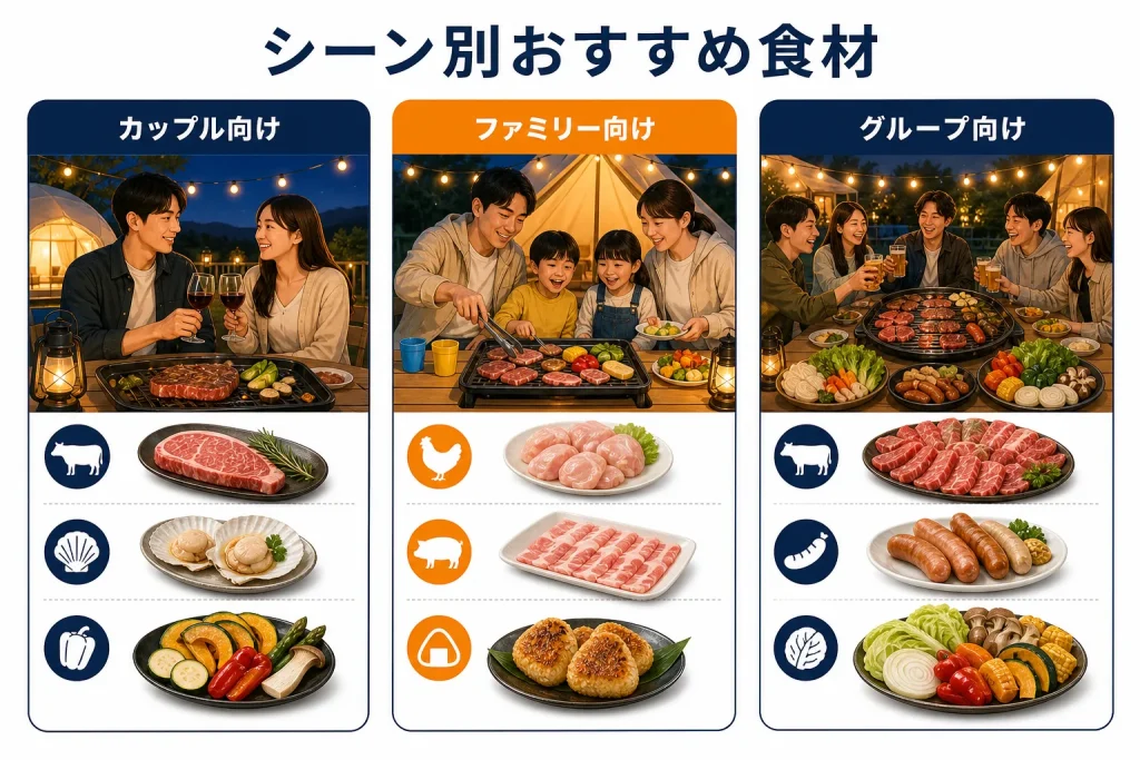 カップル・ファミリー・グループそれぞれに適したBBQ食材の組み合わせを比較したイラスト