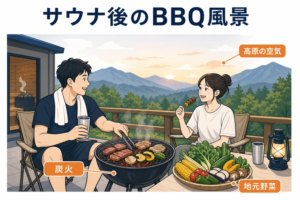 那須の高原でサウナ後に炭火BBQを楽しむ様子