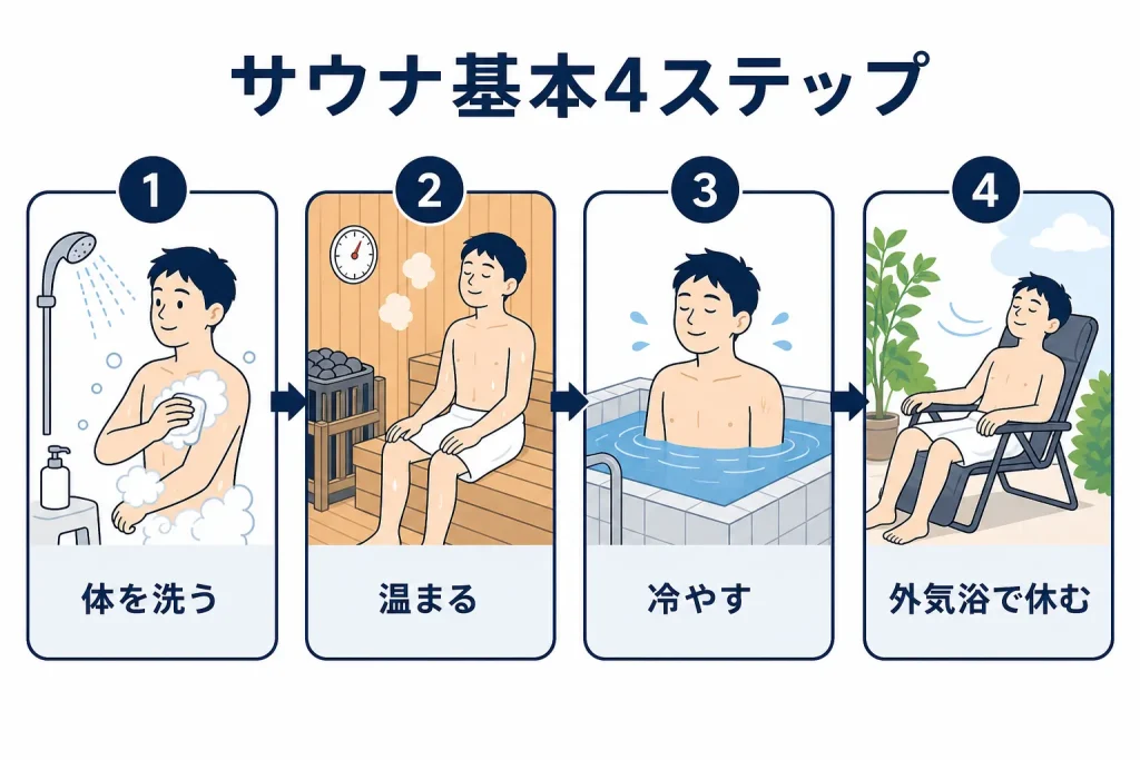 体を洗う、温まる、冷やす、外気浴の順で楽しむ基本サイクルを示した図
