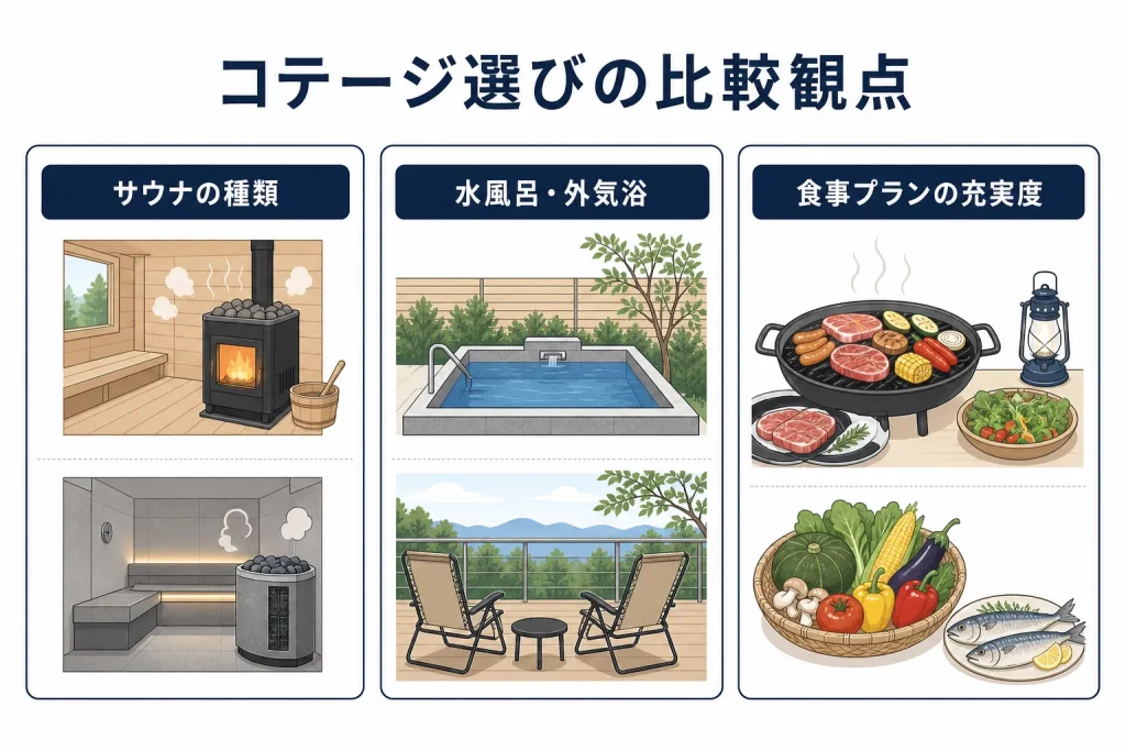 サウナの種類、水風呂・外気浴の有無、食事プランの充実度を比較する図