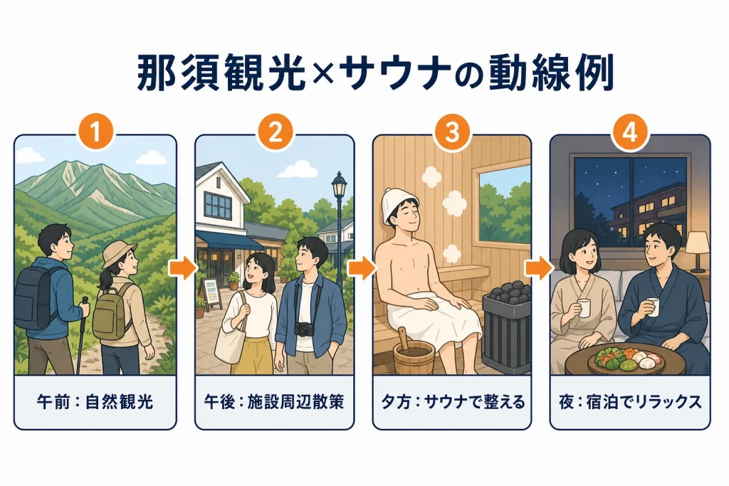 那須観光からサウナ、宿泊でのリラックスまでの一日の流れを示す図
