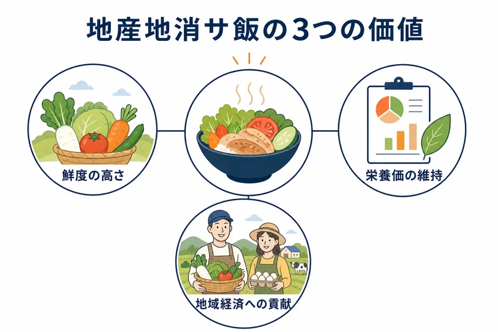 地産地消のサウナ飯が持つ鮮度・栄養価・地域経済への貢献という3つの価値を示す図