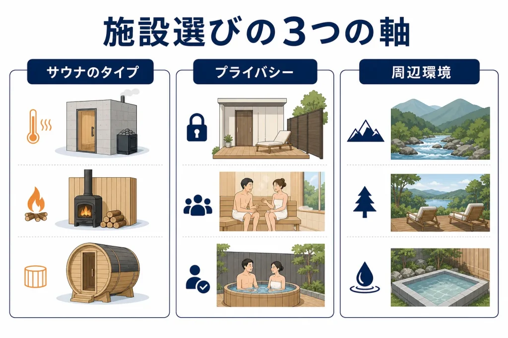 サウナのタイプ・プライバシー・周辺環境の3つの比較軸を示す図