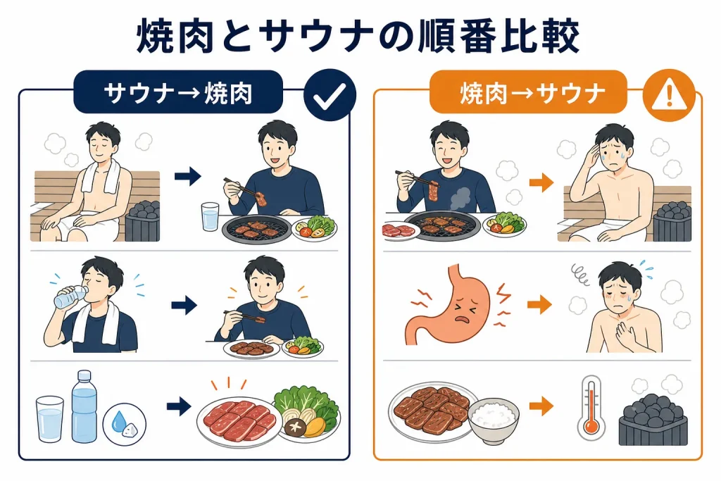 サウナ後に焼肉を食べる順番と、焼肉後にサウナへ入る順番を比較した図