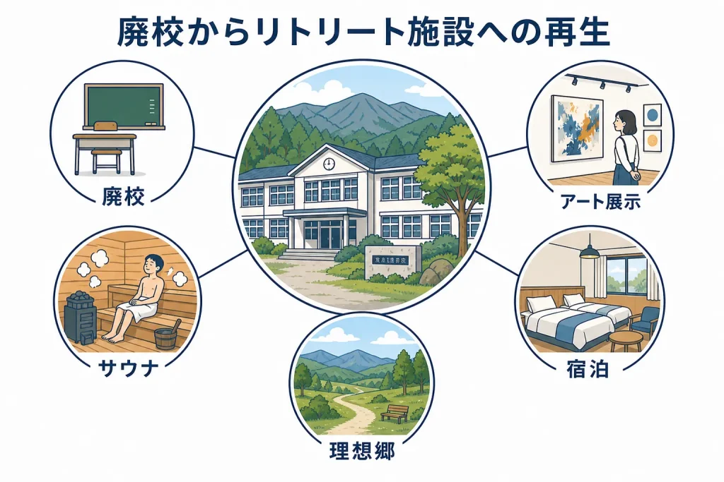 廃校となった旧美野沢小学校がアートとサウナを備えた理想郷として再生される様子